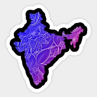 Colorful mandala art map of India with text in blue and violet Sticker
